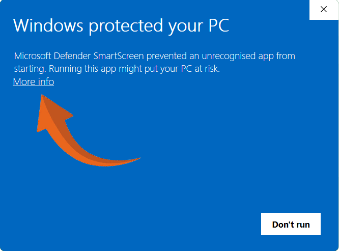 Windows protected your PC dialog with the More info link highlighted