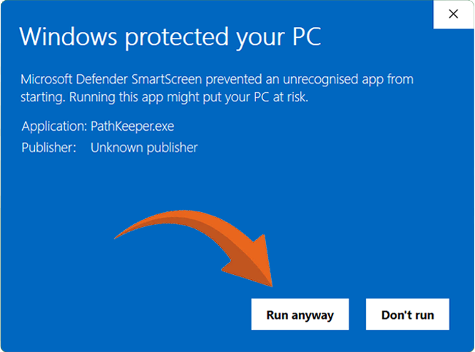 Windows protected your PC dialog with the Run anyway button highlighted